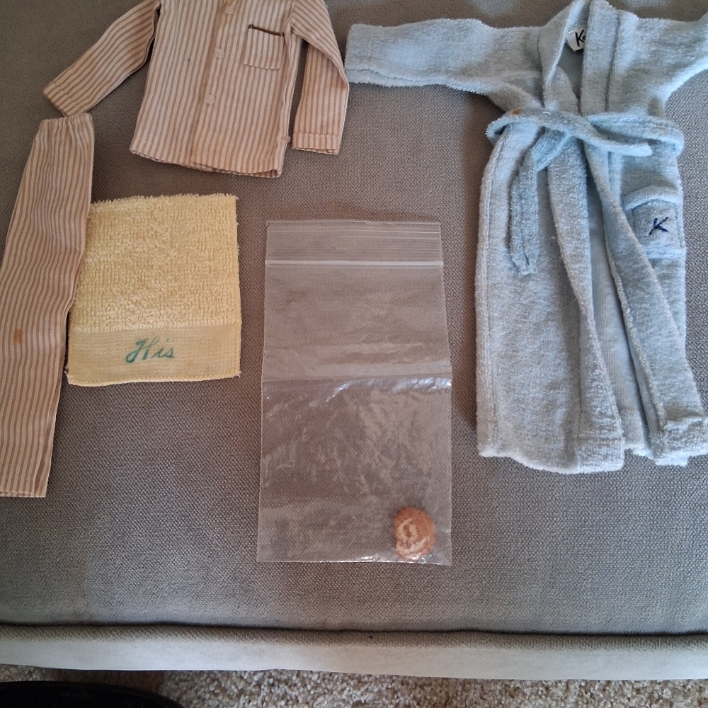 Vintage Ken doll #781 pajamas, towel, danish and blue robe.